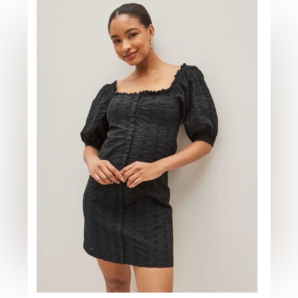GAP Black Puff-Sleeve Mini Dress with Square Neck